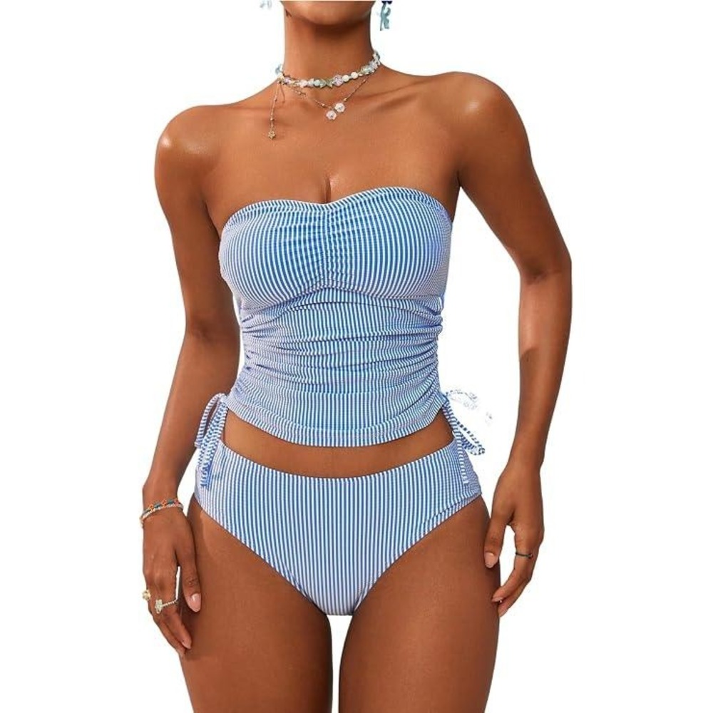 Zaful Womens Blue White Strapless Tankini Tummy Control Swimsuit Set Size S NWT